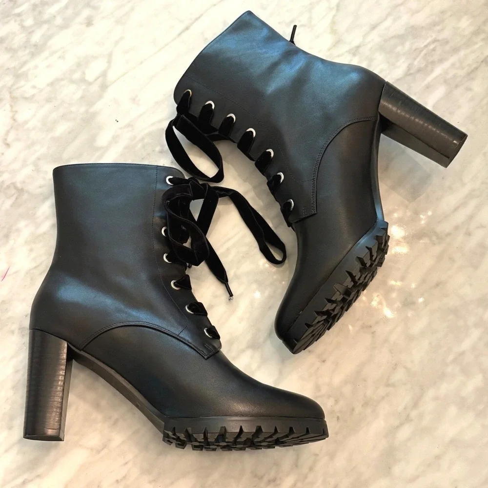 Anthropologie‎ Matiko Emma Lace-Up Lug Sole Block Heel Boot Black 39 NIB